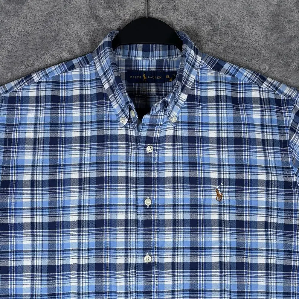Polo Ralph Lauren Men XL Blue Plaid Multicolor Pony Short Sleeve Button Down